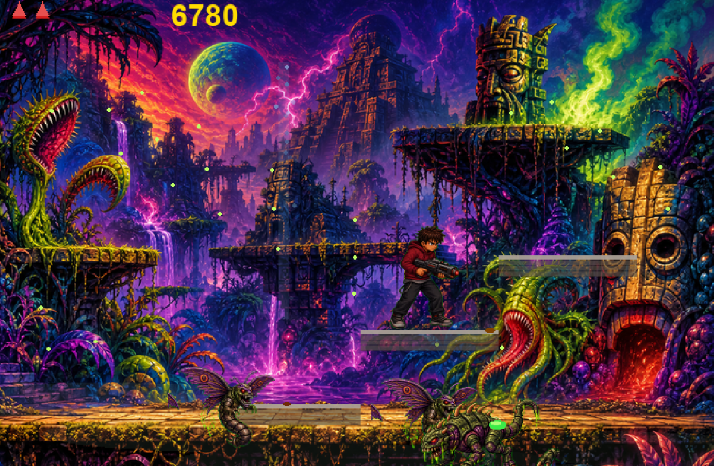 Platforming through a dangerous alien jungle